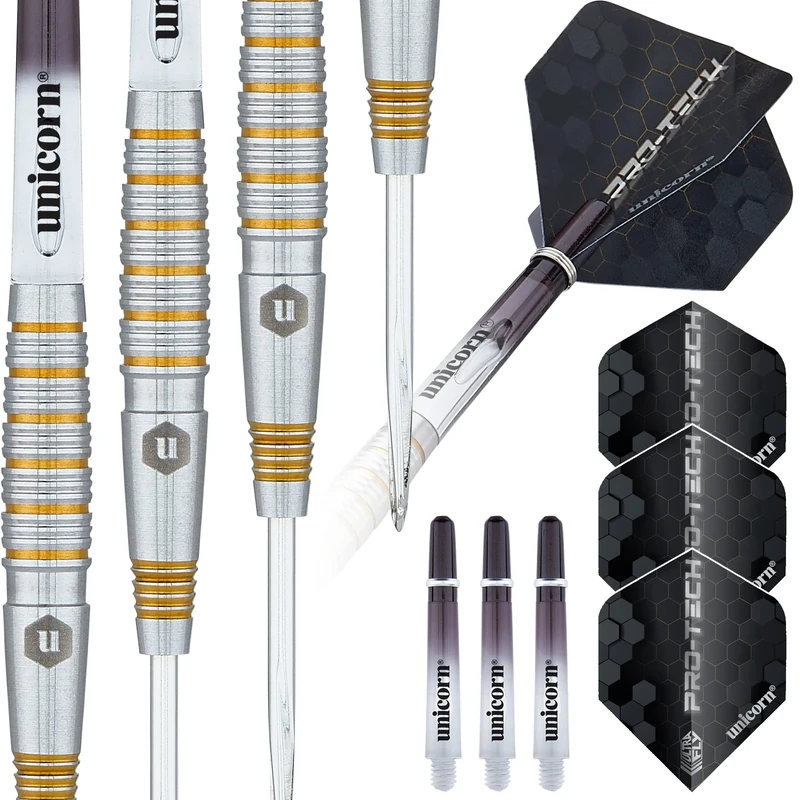 Unicorn Steel Tip Darts Set | Pro-Tech Style 2 | 90% Natural Tungsten Barrels with Golden Accents & Volute Points | 25 g