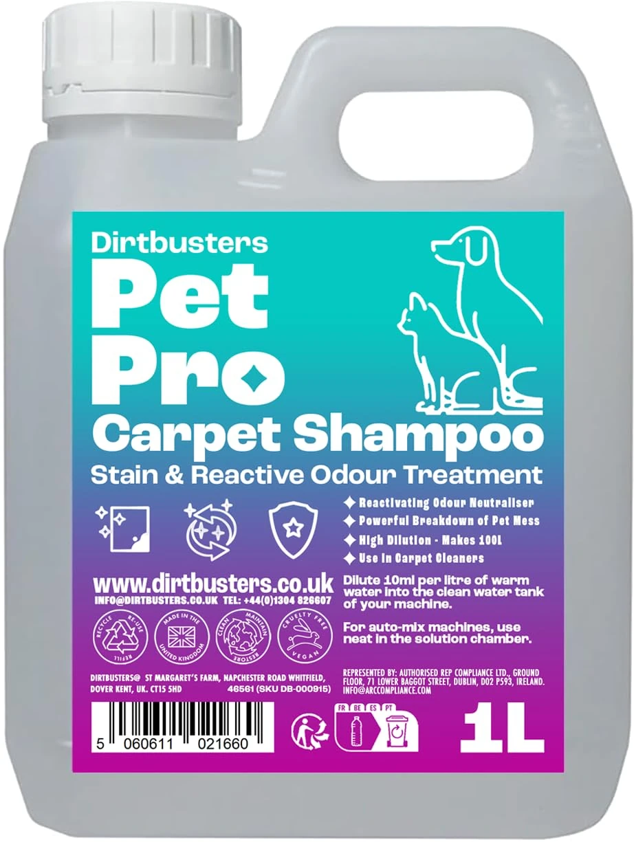 Dirtbusters Pet Pro Carpet Cleaner Shampoo, Stain Remover Cleaning Solution With Odour Neutraliser To Remove Dog & Cat Urine, For Carpet Cleaner Machines, Summer Fresh (1L)