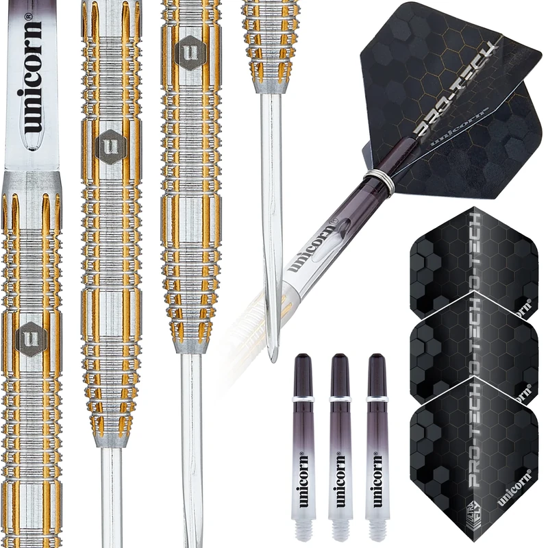 Unicorn Steel Tip Professional Darts Set | Pro-Tech Style 4 | 90% Natural Tungsten Barrels with Golden Accents & Volute Points | 22 g