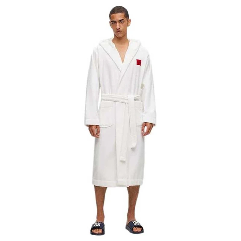 HUGO Mens Terry Gown Hooded Cotton-Terry Dressing Gown with red Logo Label