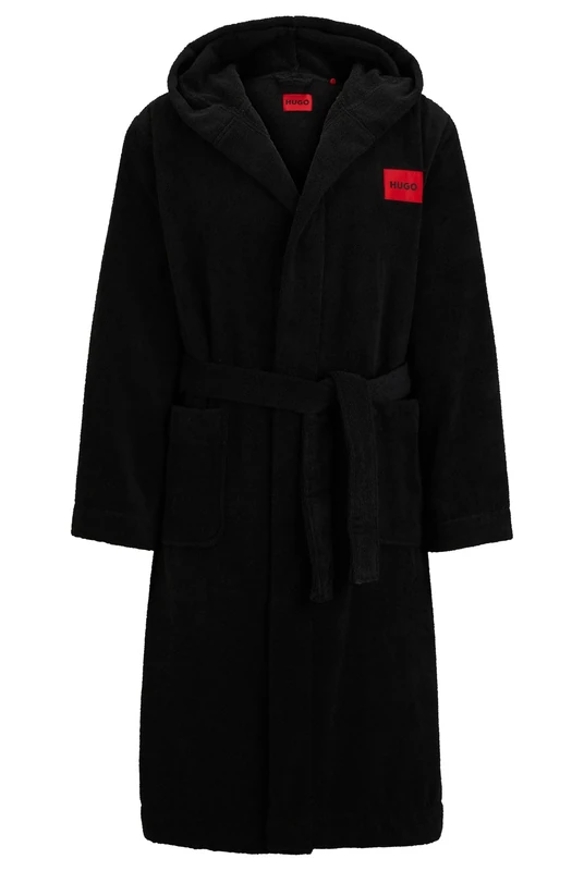 HUGO Mens Terry Gown Hooded Cotton-terry hooded dressing gown with red logo label