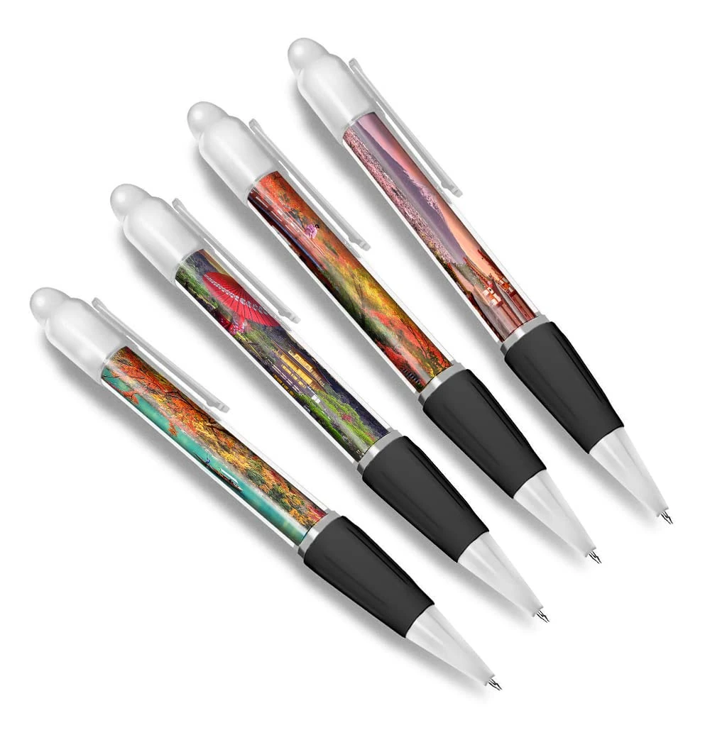 DV DESIGN Set of 4 Japanese White Ballpoint Pens - Japan Tokyo Fuji Mount Mountains Bridge Tree Friends Boys Girls Men Women Theme Pen #79344