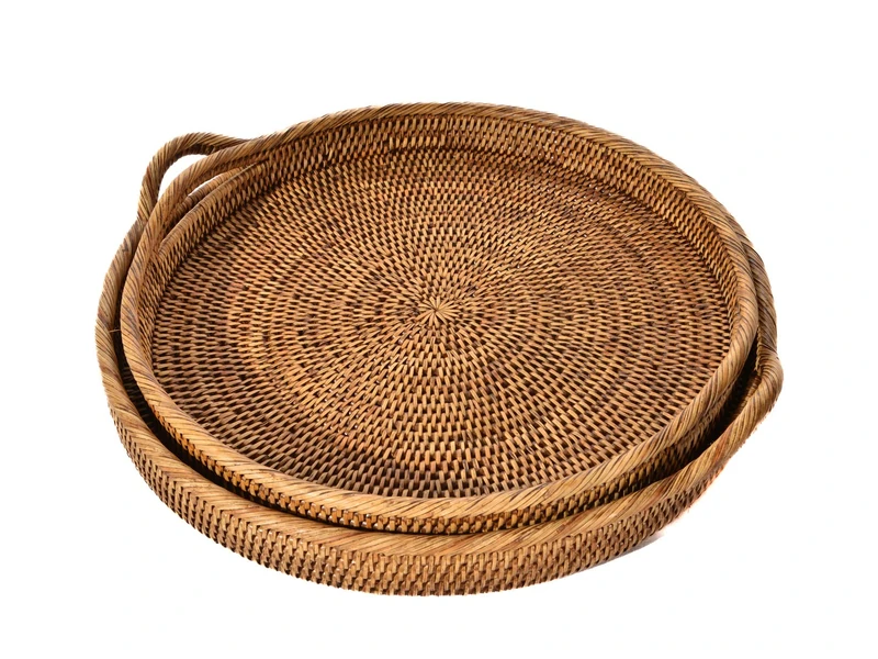 H&h round tray with rattan handles cm 46x5h