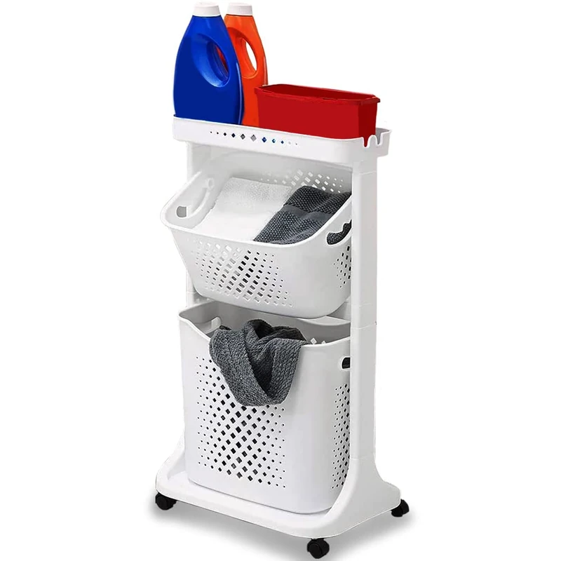 Shally Dogan Laundry Trolley with Wheels, 2 Multi-functional Shelves, Space Saving Cart, Complete with Removable Linen Basket, Swing Basket, Top Storage Shelf (White)