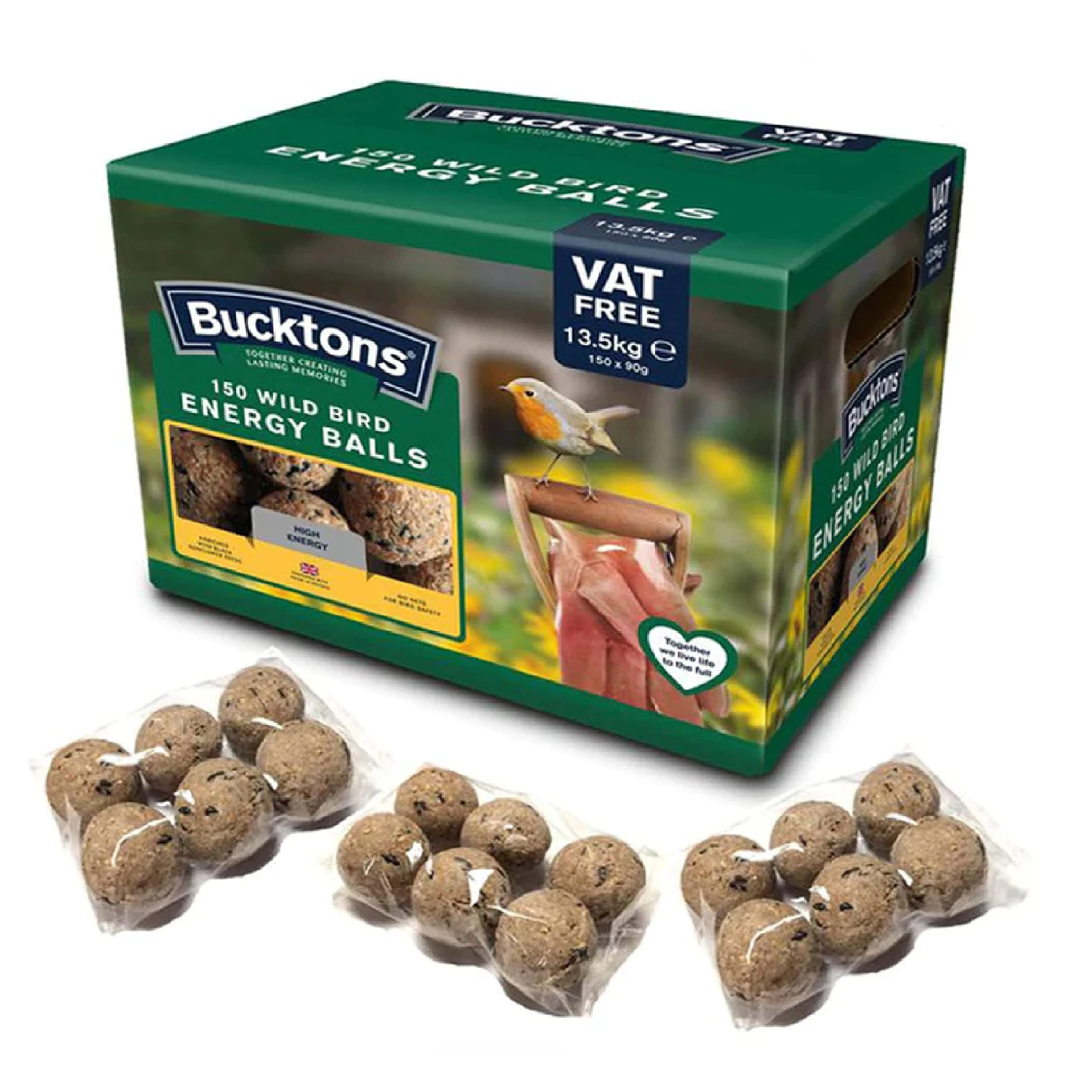 Bucktons High Energy Fat Balls - Box of 150 x 90g Boost Natural Suet Food for Wild Garden Birds. Great for Ground Feeder, Bird Tables. Comes with Card