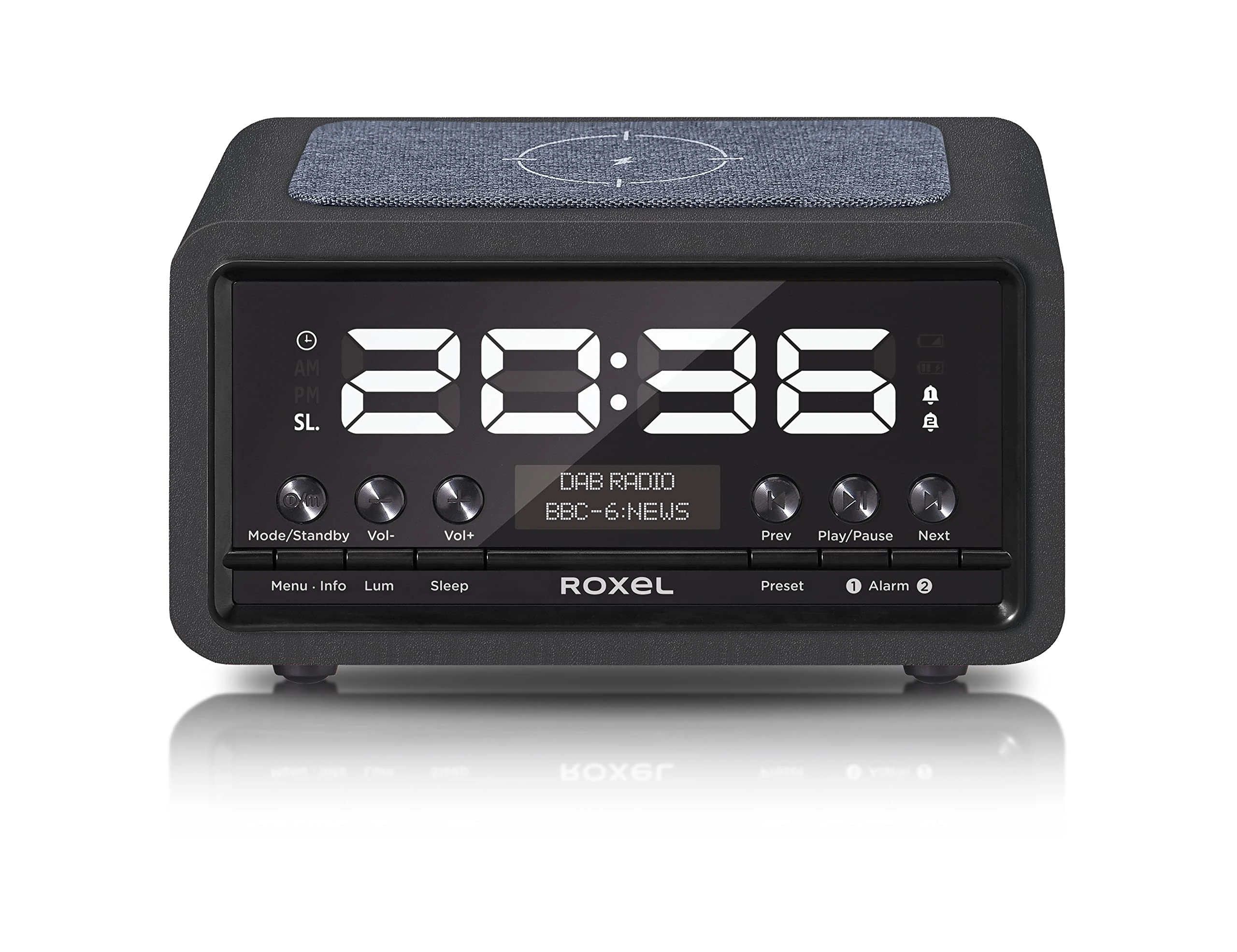 Roxel Nod Bedside Radio, DAB/DAB+ & FM Radio, Alarm Clock, Wireless Phone Charging, Large Digit Display, Dual Bedside Alarm Clock with Wireless Streaming (Black)