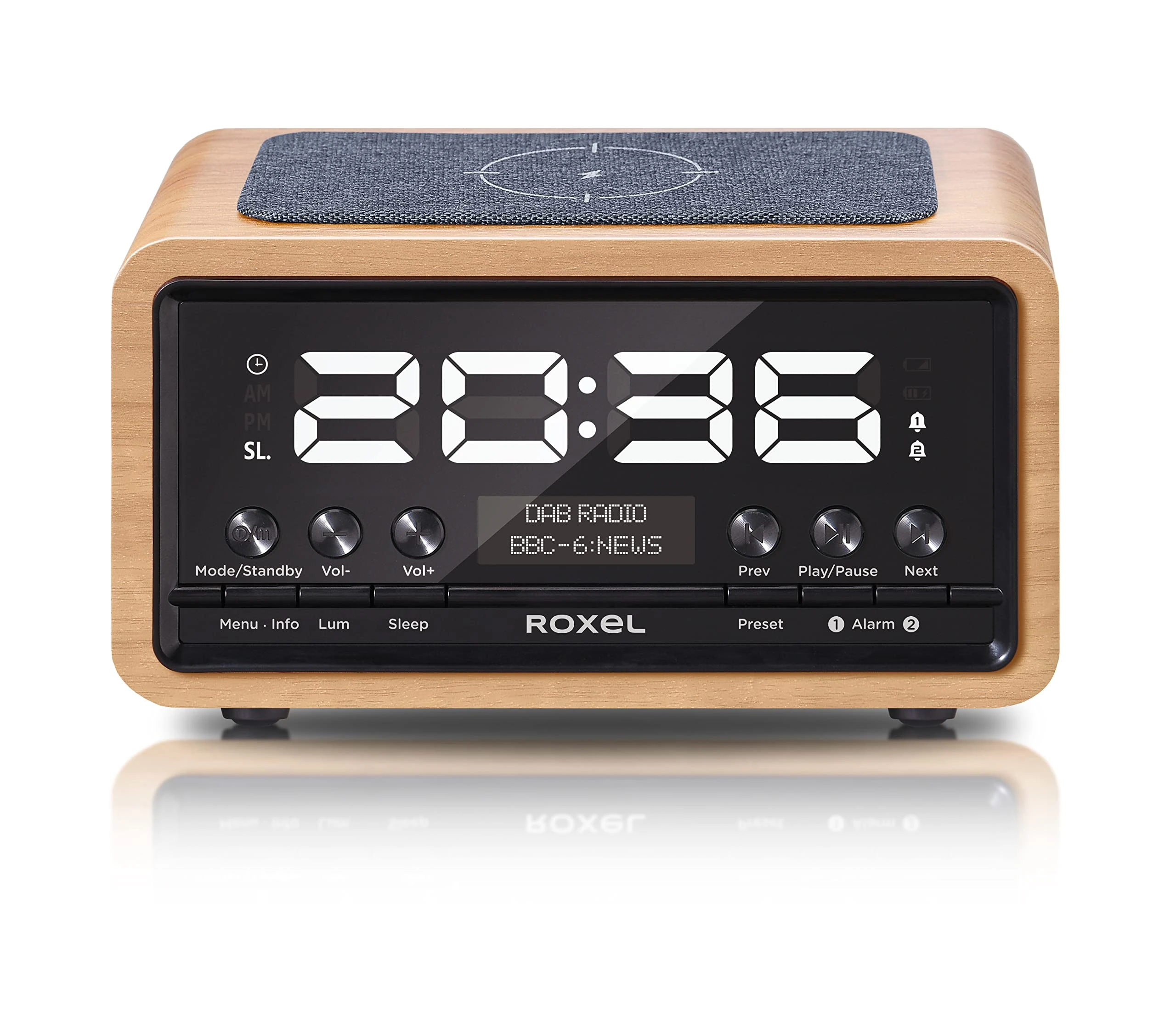 Roxel Nod Bedside Radio, DAB/DAB+ & FM Radio, Alarm Clock, Wireless Phone Charging, Large Digit Display, Dual Bedside Alarm Clock with Wireless Streaming (Oak)