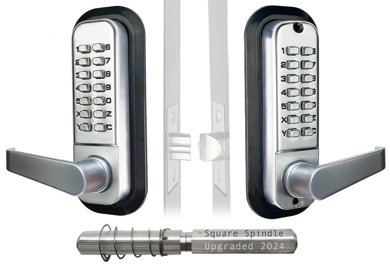 Jounjip Mechanical Keyless Combination Lever Handle Door Lock - [Square Spindle] Easier Install - (Satin Chrome) 2023 Upgrade Version