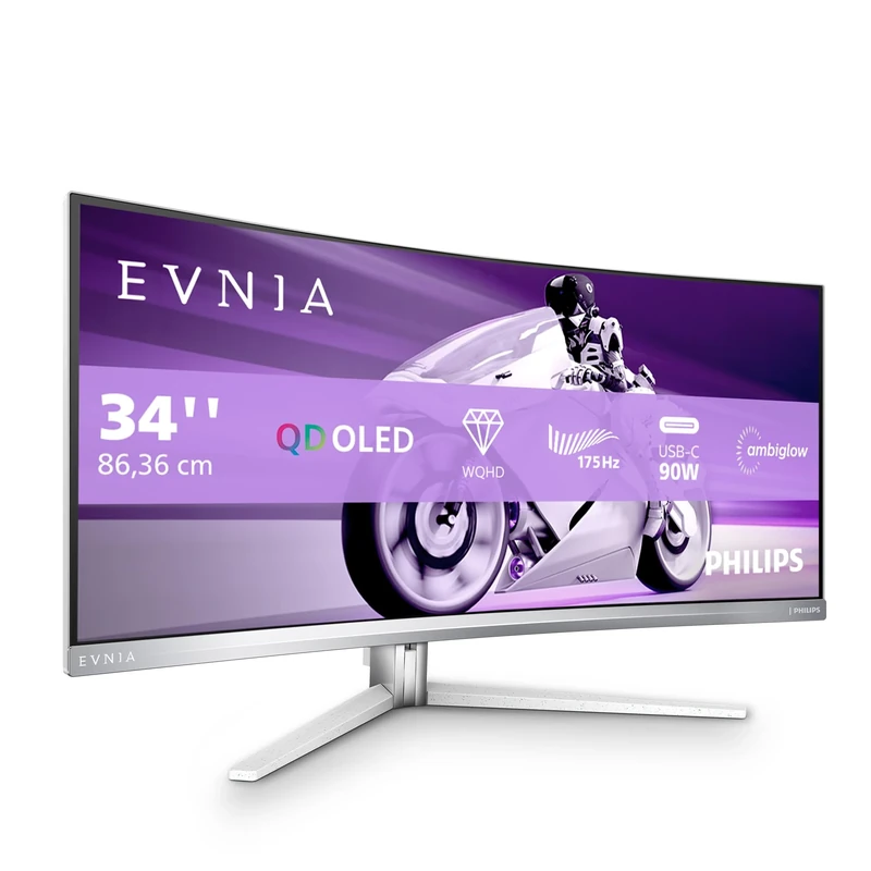Philips Evnia 34M2C8600-34 Inch OLED WQHD Curved Gaming Monitor, 175 Hz, Ambiglow, HDR400, FreeSync Premium Pro, G-Sync Comp. (3440x1440, 0.1 ms GtG, HDMI, DisplayPort, USB-C, USB Hub) gray/white