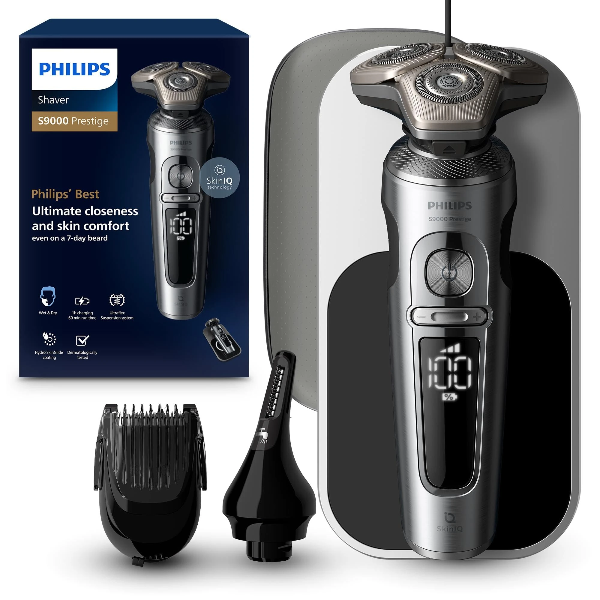 Philips Shaver Series 9000 Prestige, Wet and Dry Electric Shaver, Bright Chrome, Lift & Cut Shaving System, SkinIQ Technology, Qi Charging Pad, Beard Styler, Nose Trimmer, Model SP9871/22