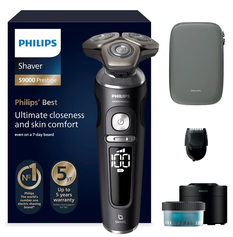 Philips Shaver Series 9000 Prestige, Wet and Dry Electric Shaver, Black Matte, Razor with Lift & Cut Shaving System, SkinIQ Technology, Beard Styler, Cleaning Pod, Premium Pouch, Model SP9840/31
