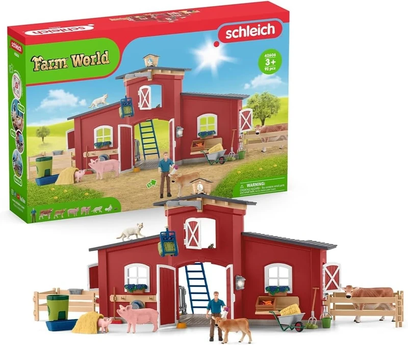 SCHLEICH Farm World - 92 PC Red Barn Farm Playset with Animals, Farmer and Accessories with Movable Pieces - Realistic Barnyard Animal Figurines - Fun Educational Toys for Kids and Toddlers Ages 3+