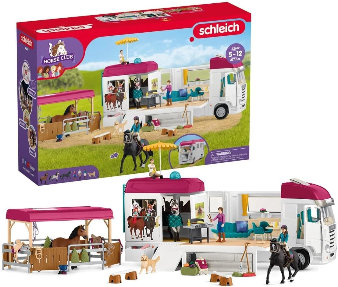 SCHLEICH Horse Club - 227PC Lisa Transporter Playset – Horse Toy Trailer Set with Family, 3 Horses, Dog, Grooming Station & Rooftop Pool for Real Water Play – Realistic Toys for Kids Ages 5+ | 42619