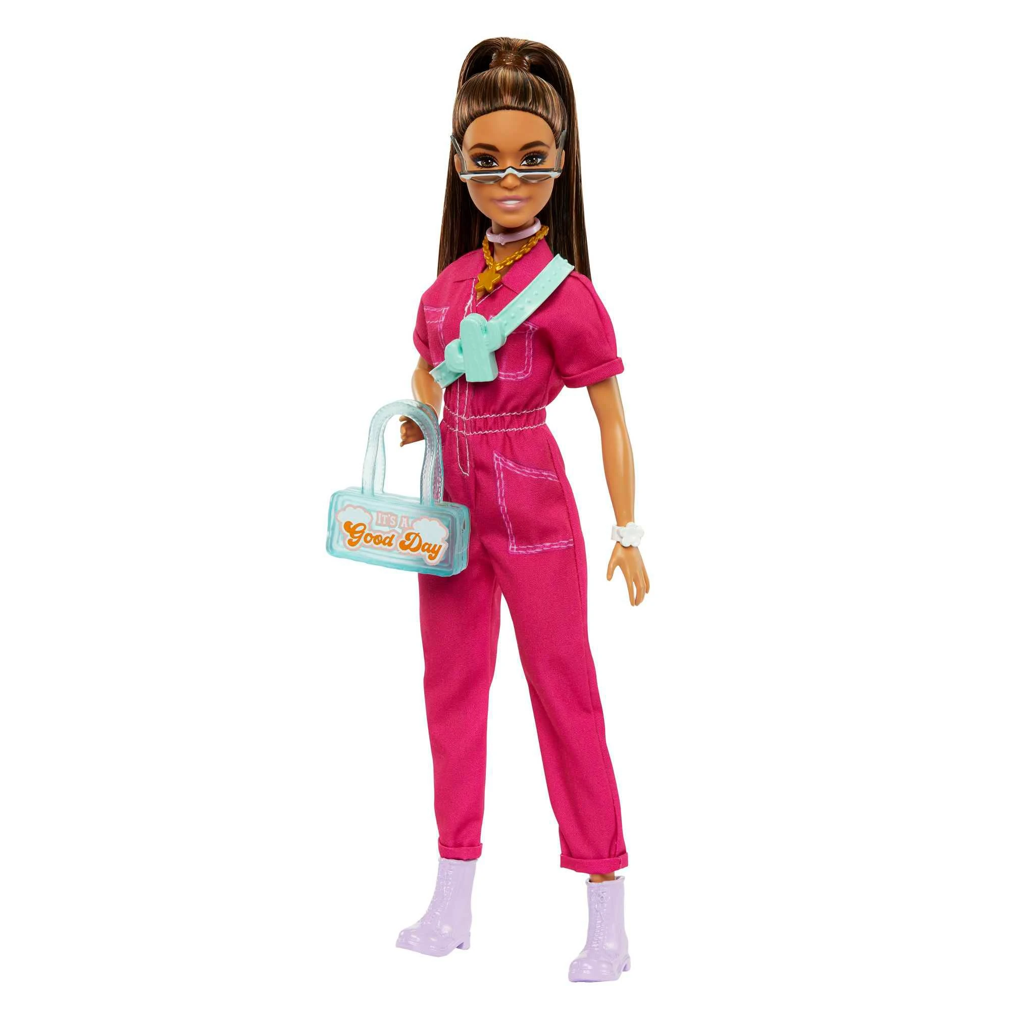 Barbie Doll in Trendy Pink Jumpsuit with Storytelling Accessories and Pet Puppy, Brown Hair in High Ponytail, HPL76,Multicolor,Medium