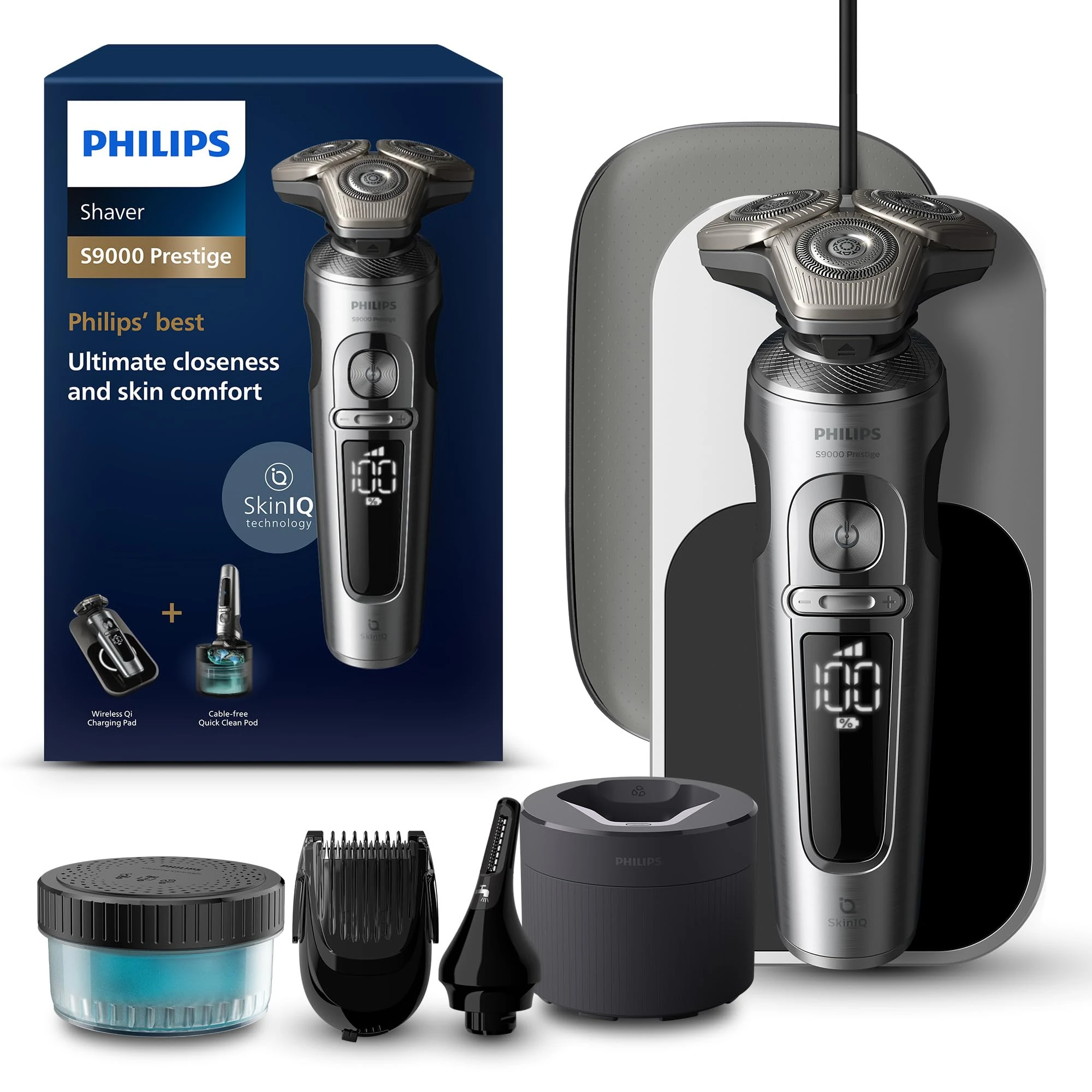 Philips Wet and Dry Electric Shaver Series 9000 Prestige, Razor with NanoTech Dual Precision Blades, Hydro SkinGlide Coating, Ultraflex Suspension System, Top-Spin Digital Motor (Model SP9885/35)
