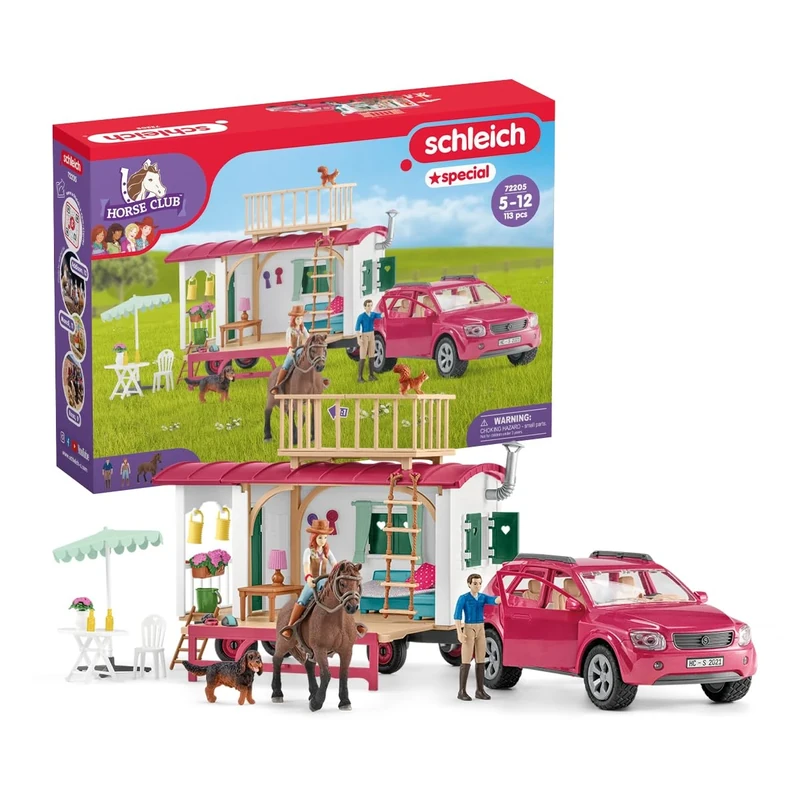 SCHLEICH Horse Club - 113 PC - Interactive Camping Trip and Car Camper Playset with Horse and Rider Figures, Dog Figurine and Accessories for Girls and Boy - Realistic Kids Toys Ages 5+ - 72205