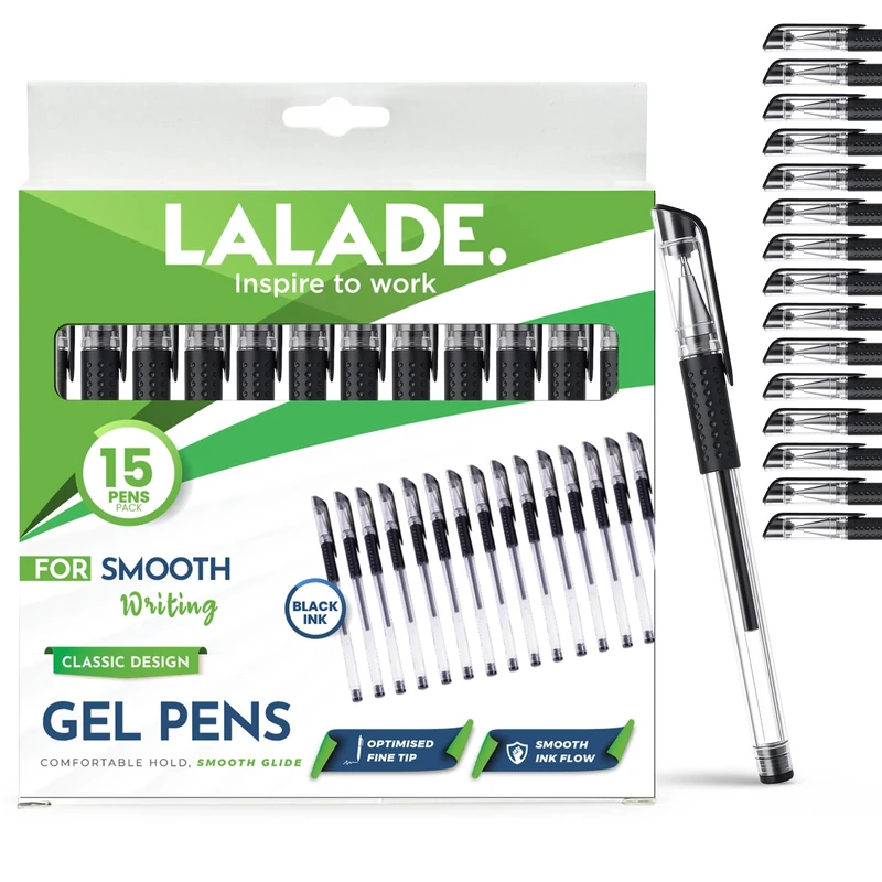 Lalade 15 Pack Black Gel Pens - Fine Tip Quick-Drying Ink