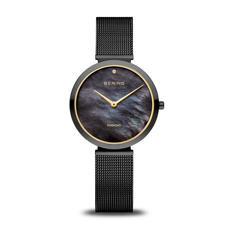 BERING Damen Quarz Uhr | Armbanduhr 32 mm schwarzes Edelstahlgehäuse und schwarzes Zifferblatt | Milanaisearmband | Saphierglas | 3 ATM | 18132-132