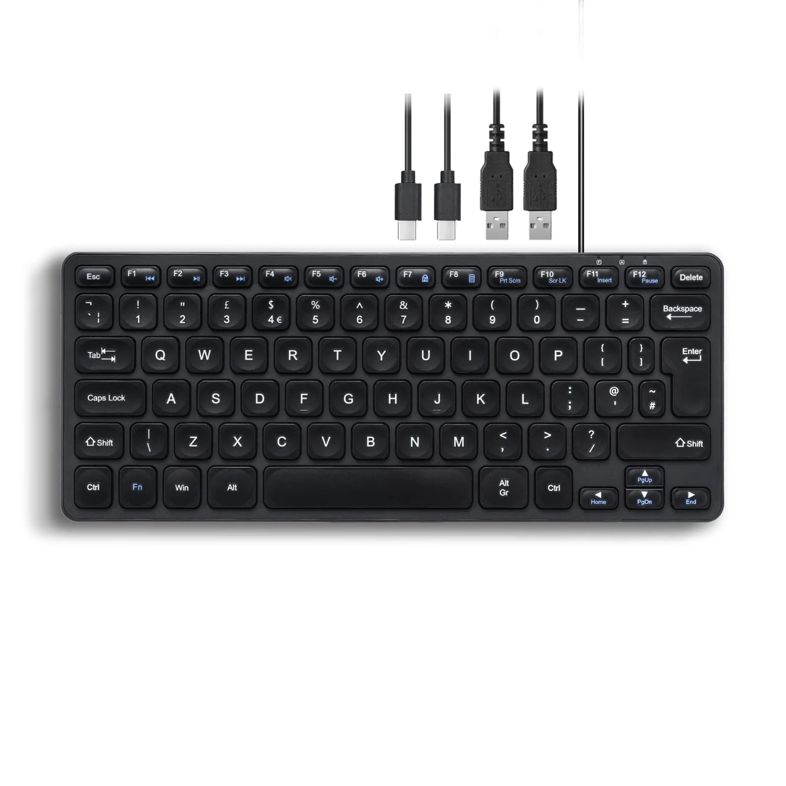 Perixx PERIBOARD-416 Wired Mini USB Keyboard with 4 Hubs - Scissor Keys - Big Print Keys - Detachable USB-A Cable - UK English