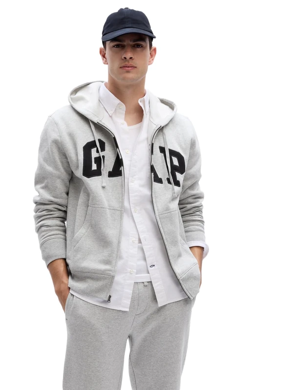 GAP Men's Logo Heritage Hoodie Hooded Full Zip Sweatshirt, Light Heather Grey, S