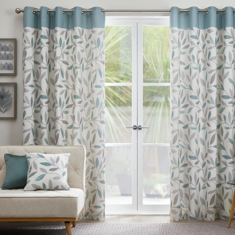 Fusion Duck Egg Blue Leaf Curtains W90 x L90 (229x229cm) – 100% Cotton – 2 Panels – Eyelet – Blue Floral Bedroom & Living Room Drapes – Beechwood Collection