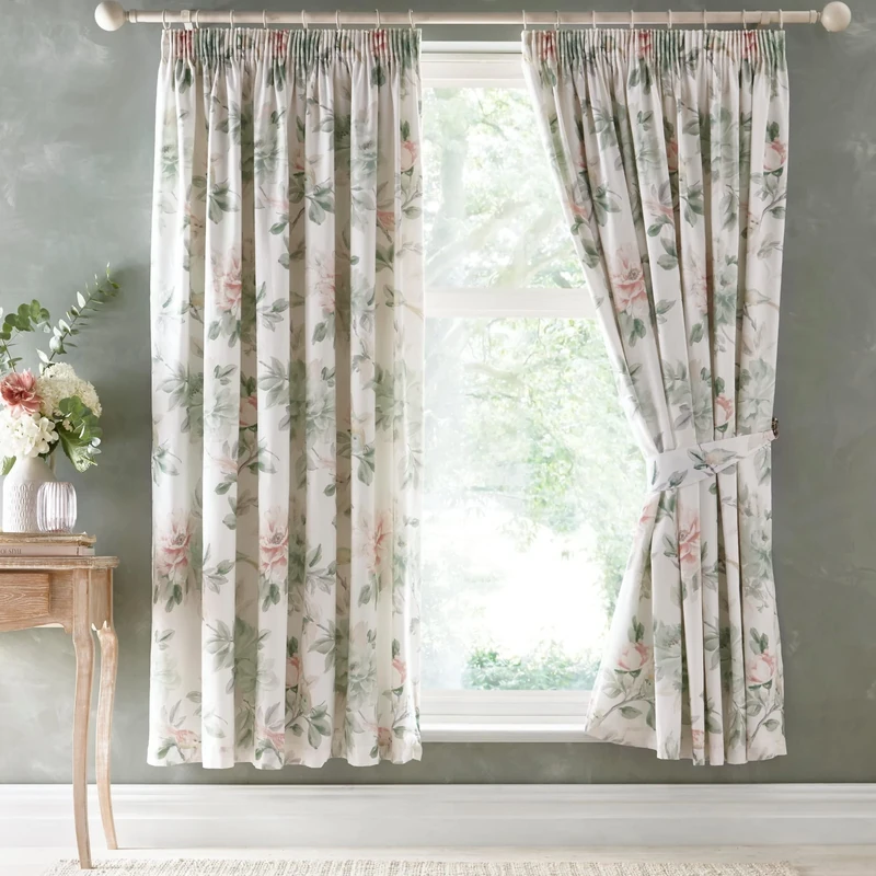 Appletree Heritage - Campion - 100% Cotton Pair of Pencil Pleat Curtains With Tie-Backs - 66" Width x 72" Drop (168 x 183cm) in Green/Coral