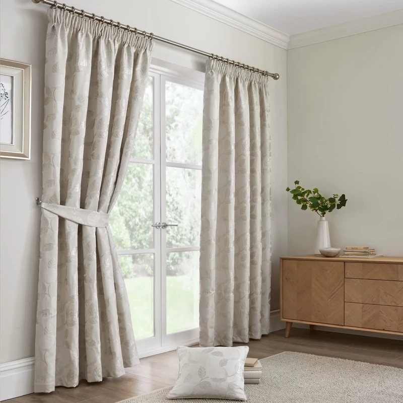Curtina - Pale Beige Leaf Curtains W66 x L72" - Cream Pencil Pleat Curtains With Floral Leaves - Luxury Bedroom/Living Room Drapes