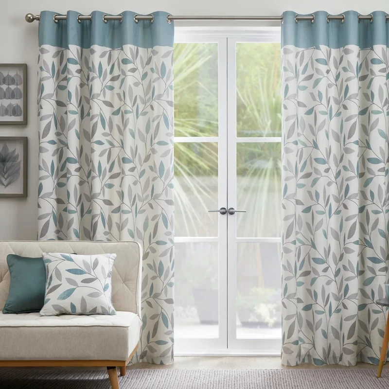Fusion Duck Egg Blue Leaf Curtains W46 x L72 (117x183cm) – 100% Cotton – 2 Panels – Eyelet – Blue Floral Bedroom & Living Room Drapes – Beechwood Collection