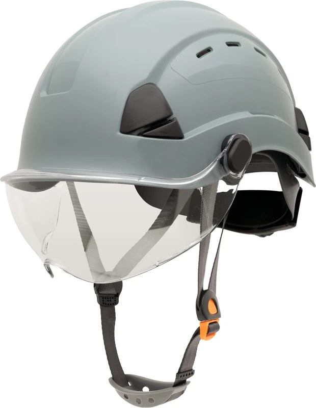 Honeywell Fibre Metal Safety Helmet with Visor, Hard Hat for Construction, Vented, 4-point buckle chinstrap, 6-point ratchet suspension, Resistant to extreme temperatures, Grey, FSH11009E