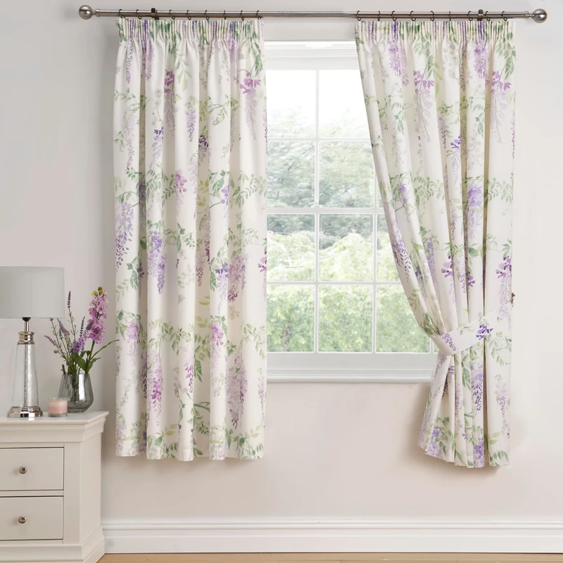 Dreams & Drapes Pencil Pleat Curtains – Wisteria Purple – W66 x L72 (168 x 183cm) – Botanical Floral Design – 2 Panels – 100% Cotton – Spring Drapes for Bedroom and Living Room - Image 1