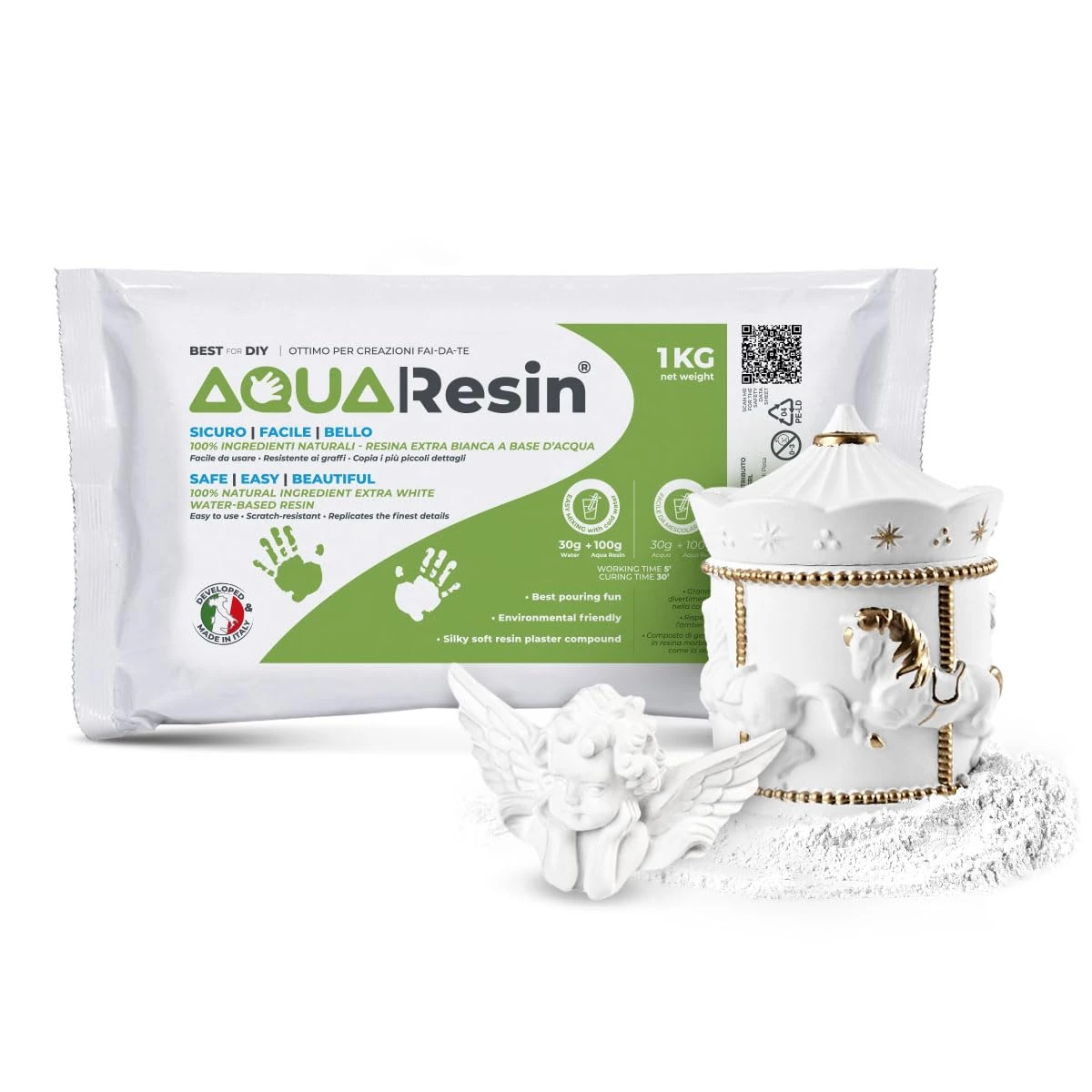 Aqua Resin® – Alpha Plaster (White Mineral Resin) | Satin Porcelain Effect, Ready with Water | Safe & Non-Toxic | Intense White & Colorable | for DIY, Molding & Artistic Creations (1 kg)