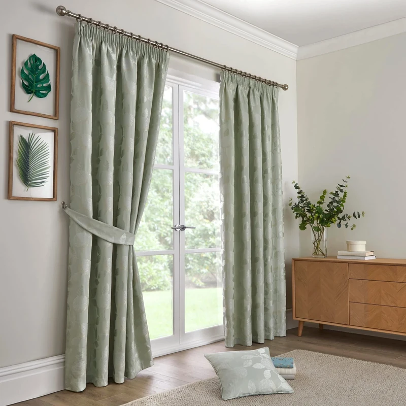 Curtina - Sage Green Leaf Curtains W90 x L90 (229 x 229cm) - Green Pencil Pleat Curtains with Floral Leaves - Fruit Tree Curtains in Light Green - Luxury Curtains & Drapes for Bedroom/Living Room