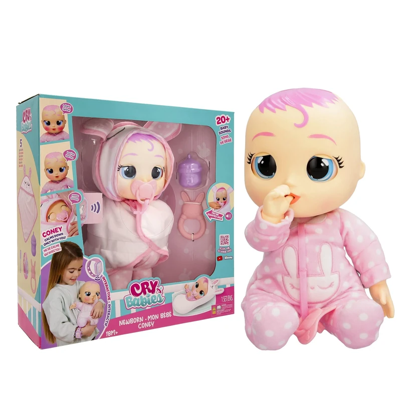 Cry Babies Newborn Coney - Deluxe Interactive Newborn Doll with A Smart Bracelet, Real Tears and Baby Accessories-Gift Toy for Girls and Boys Ages 18 Months and Up, Pink