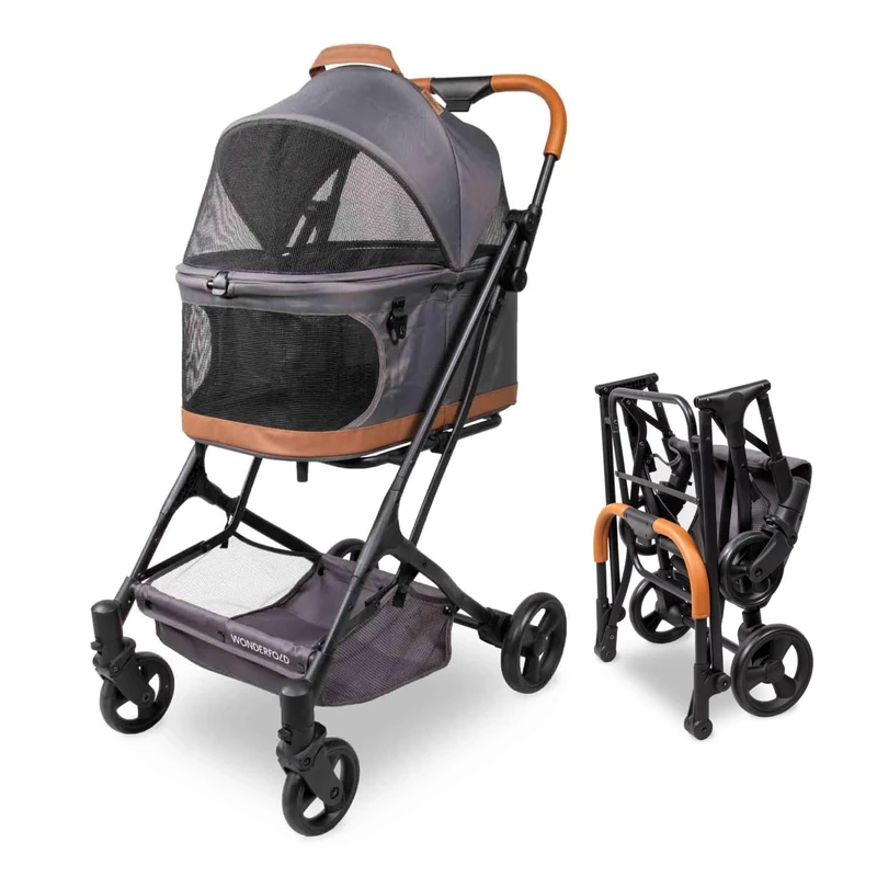 WONDERFOLD P2 Pet Stroller for Dogs and Cats Featuring Removable Carrier, Snap-Lock Canopy with Mesh Windows, One-Step Rear Brakes, and Easy Folding, Glacier Grey