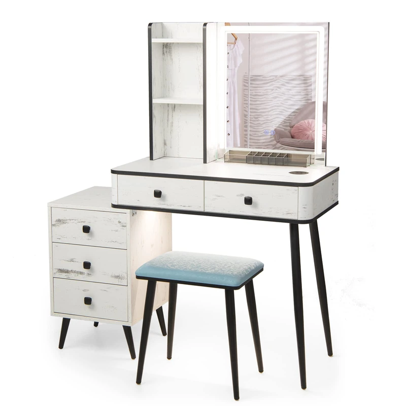 RELAX4LIFE Dressing Table and Stool Set, Vanity Desk Set with 5 Drawers, Storage Shelves, 3-Color LED Lights & Charging Function, Makeup Dresser Desk Bedroom Furniture (White, Rectangular Mirror) - Image 1
