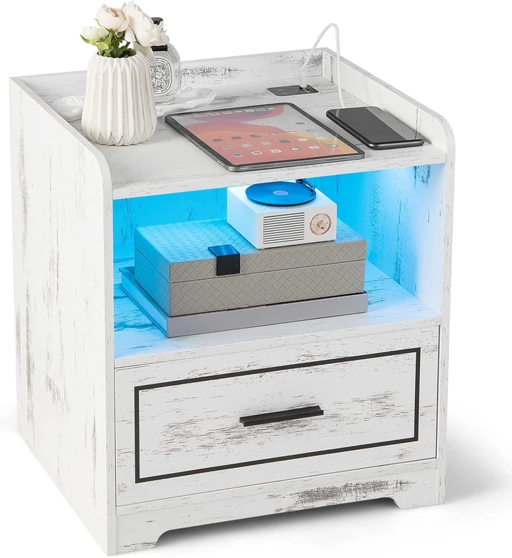 CASART Smart Bedside Table, LED Nightstand End Tables with USB Charging Station, Adjustable Luminance & Colors, Inductive Function, Narrow Accent Sofa Side Tables for Living Room Bedroom (1, White)