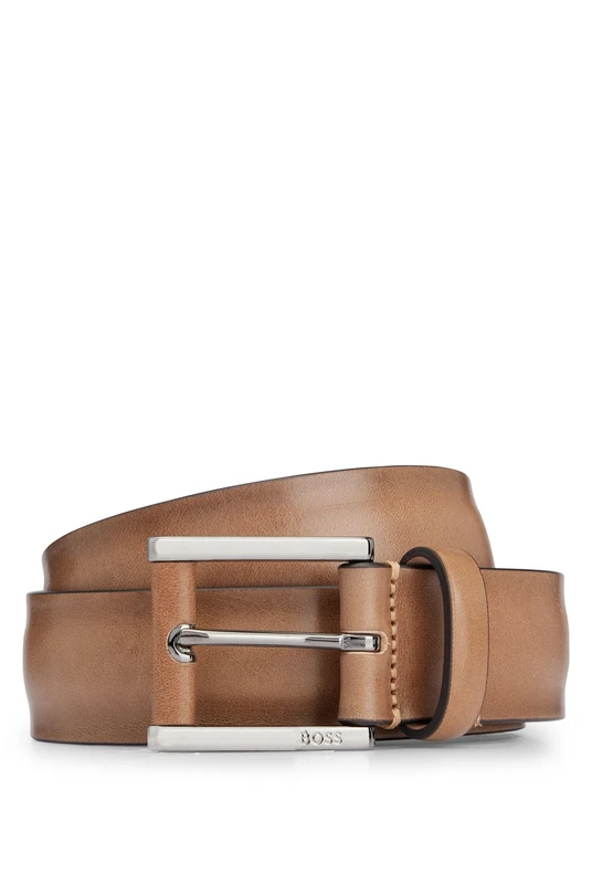 BOSS Mens T-Lino Sz35 Italian-leather belt with logo-engraved buckle