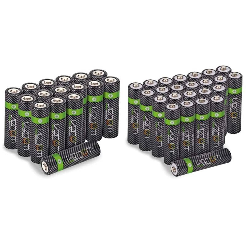 Venom Rechargeable AA Batteries - 2100mAh 1.2V NiMH - High Capacity (16-Pack), Black & Rechargeable AAA Batteries - 800mAh 1.2V NiMH (24-Pack), Black