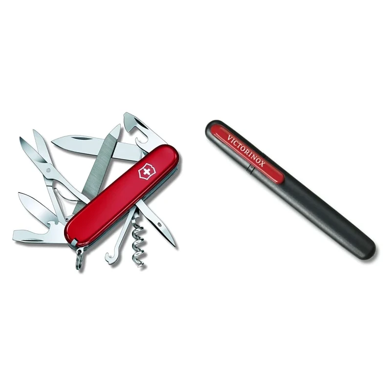 Victorinox Mountaineer Swiss Army Pocket Knife, Medium, Multi Tool, 18 Functions, Blade, Scissors, Red & Dual Knife Sharpener, Swiss Made, Portable, Black/Red