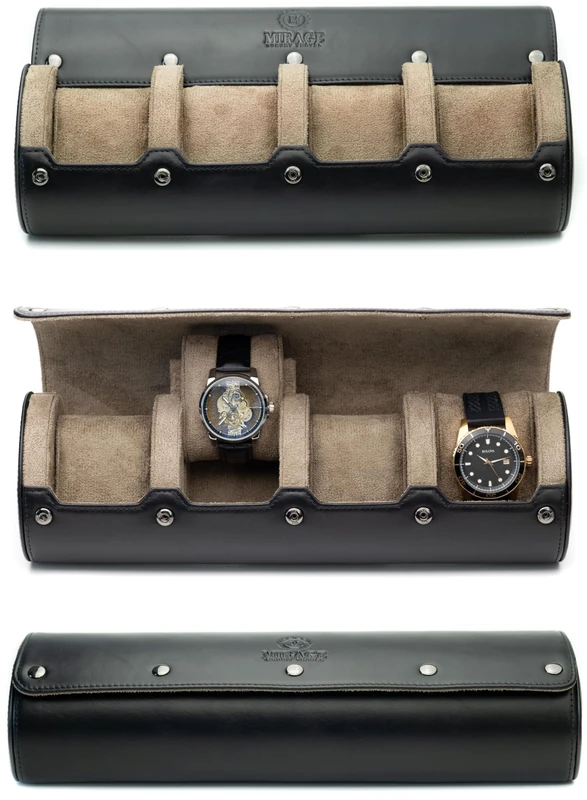 Watch Roll Travel Case 4 Compartments - Leather Watch Case Storage for Travel - Black Full Grain Leather (Beige Inside)