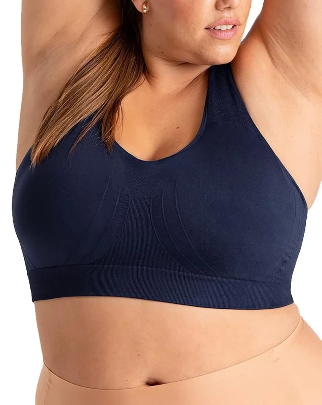 SHAPERMINT Seamless Racerback Wireless Sports Bra for Women with Removable Cups | Low Compression Womens Workout Tops, Navy, XL