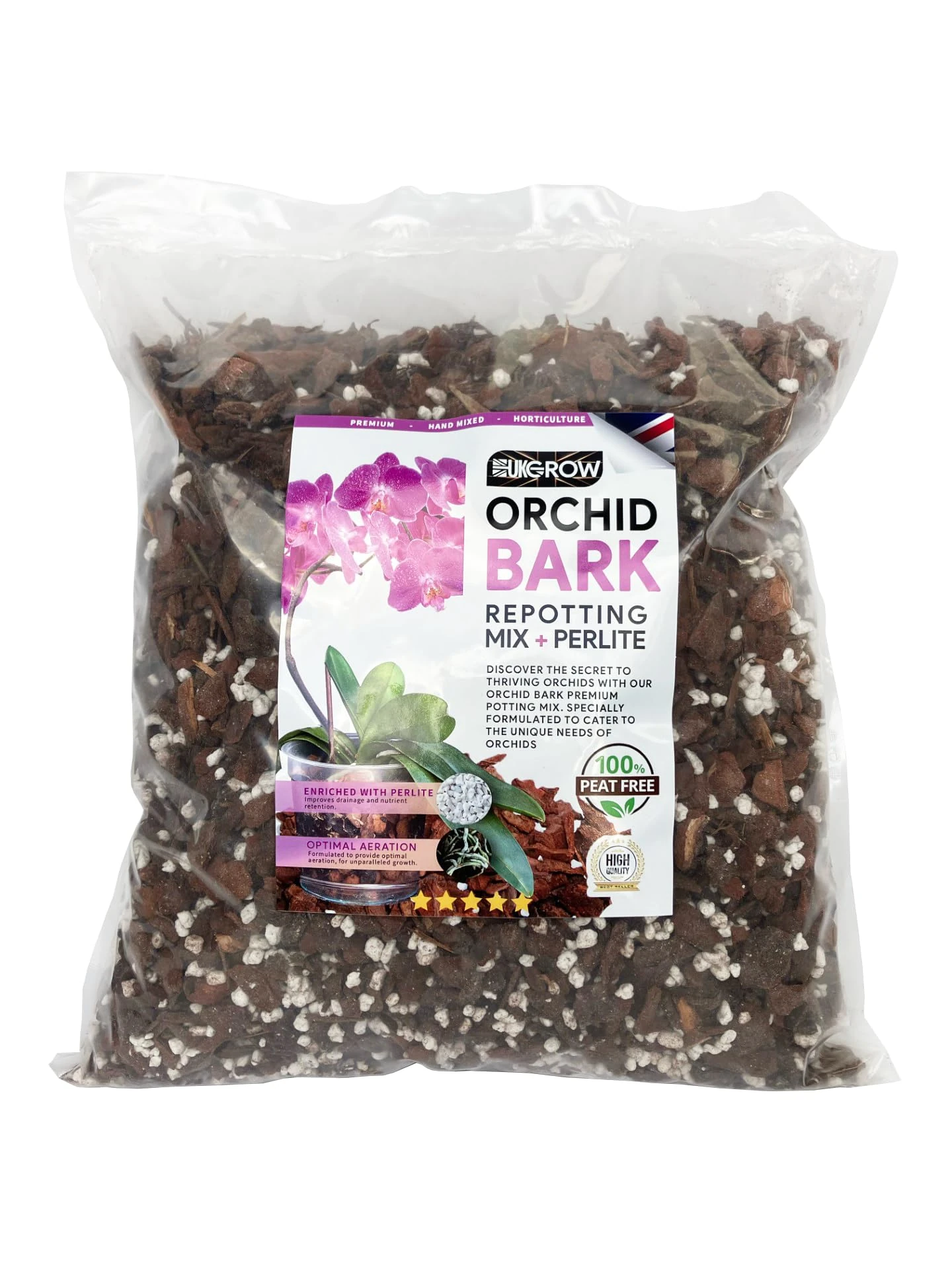Specialized Orchid Bark Mix with Perlite - Perfect for Orchid Potting and Repotting - Enhances Drainage and Aeration (5L)