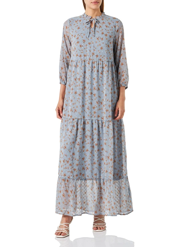 KAFFE Women's Kamimi Maxi Dress Casual, Blue/Gold Flower Print, 8