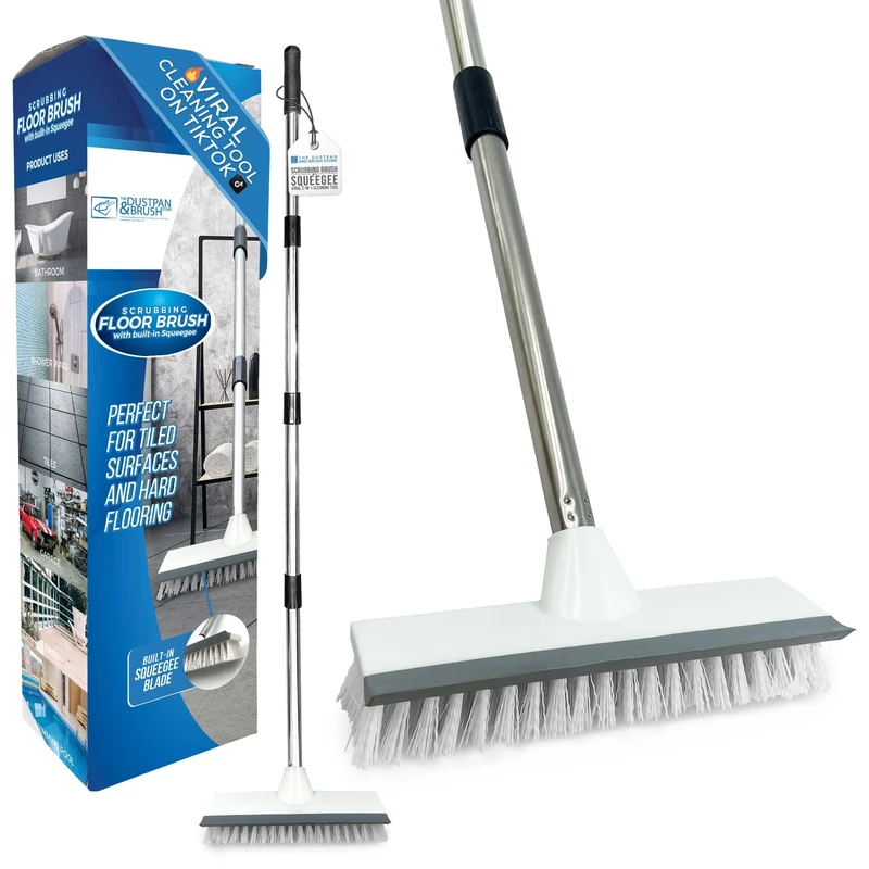 Floor Squeegee Broom Scrubbing Brush with Stiff Brush Bristles and 4PC Broom Handle for Home and Commercial Use - Bathroom Cleaning Scrubber, Floor Sweeper Indoor for Tile or Wood Surfaces