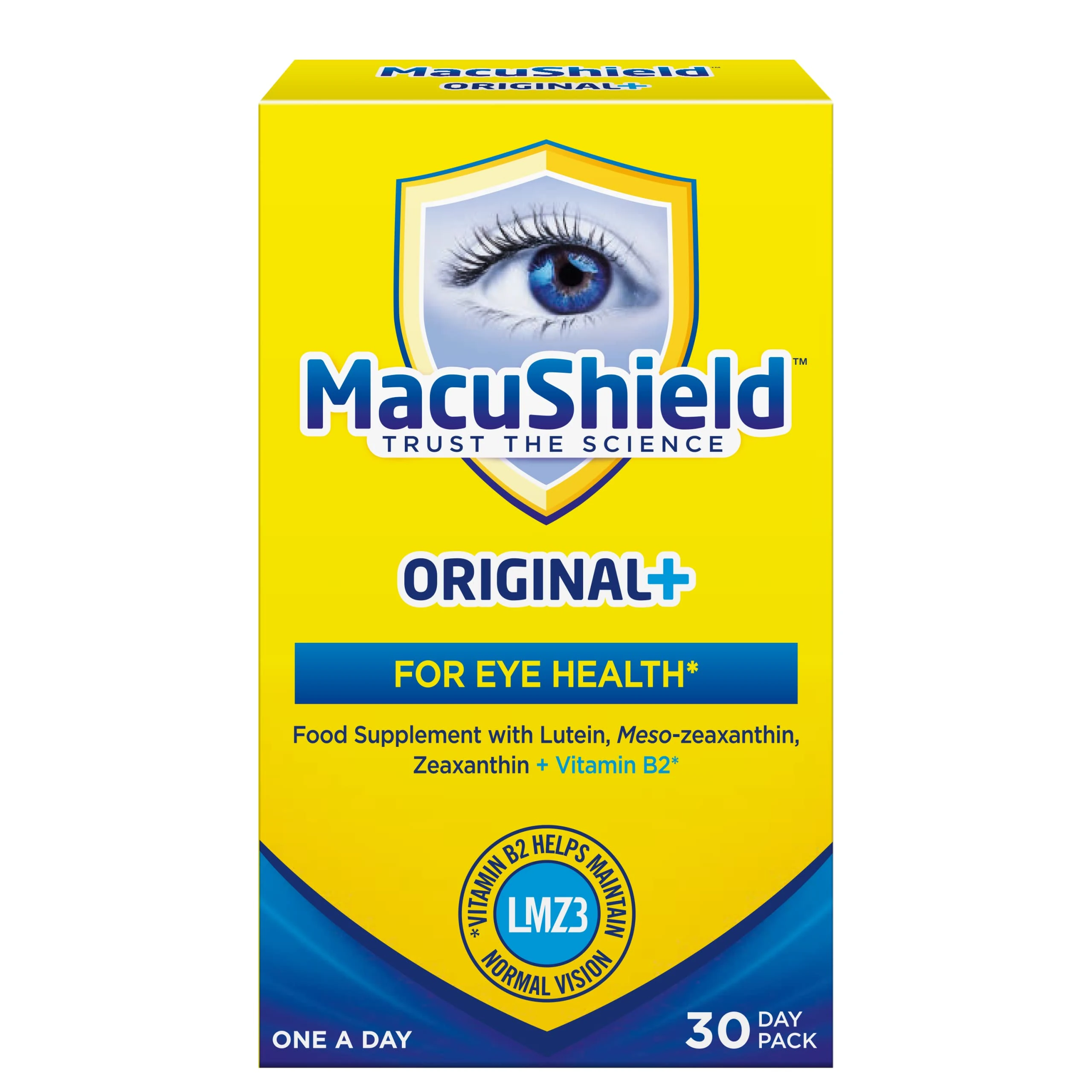 MacuShield Original+ Capsules - 30 Day Pack, Eye Health Food Supplement containing Lutein, Zeaxanthin and Meso-zeaxanthin, as Well as Vitamin B2 which Supports Normal Vision