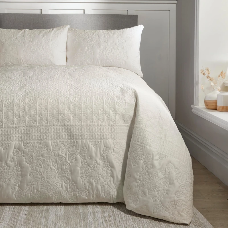 Serene Natural Pinsonic Duvet Cover Super King 260 x 220 cm – Embossed Avery Stripe Design – Luxury Flannelette Bedding – Traditional Style – Soft Quilted Finish – Bedroom Bed Set - Image 1