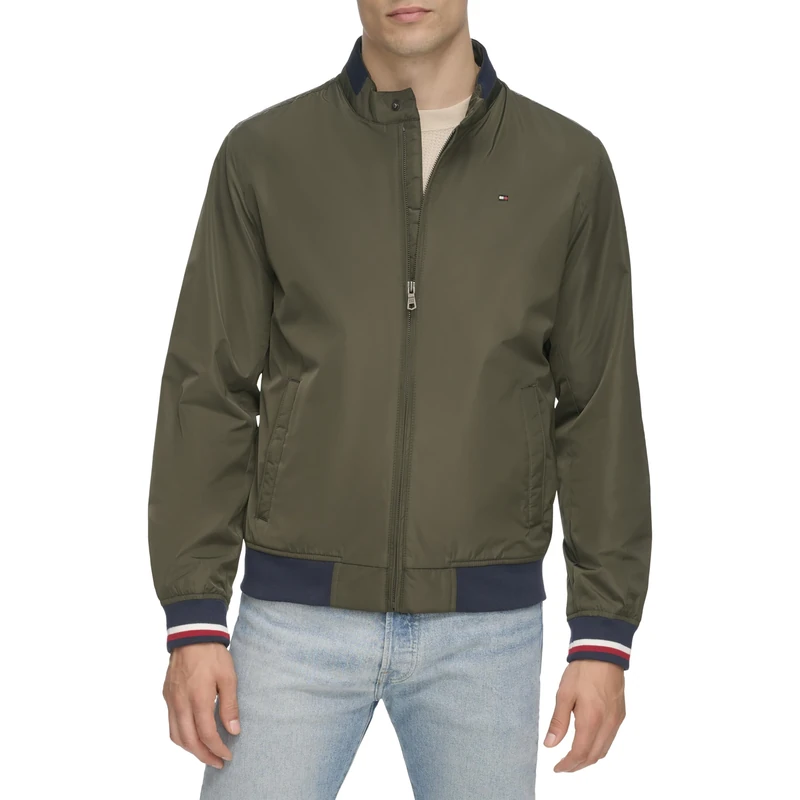 Tommy Hilfiger Men's Lightweight Varsity Rib Knit Bomber Jacket, Army Green, XL