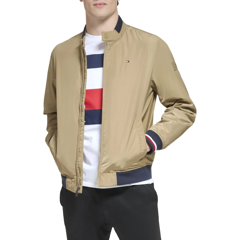 Tommy Hilfiger Men's Lightweight Varsity Rib Knit Bomber Jacket Shell, Khaki, XXL