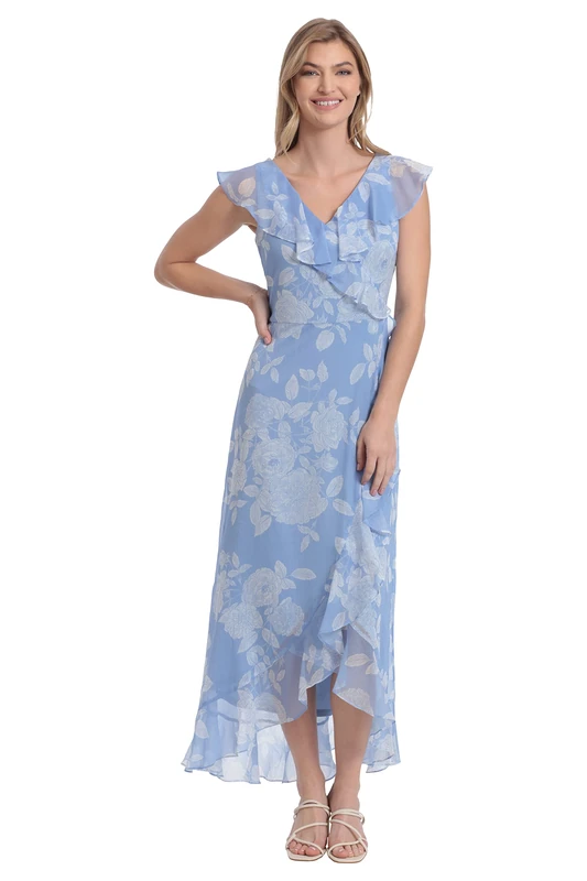 London Times Women's Chiffon Faux Wrap Ruffle Maxi Dress Guest of Wedding, Dellarobia Blue/Soft White, 20 Plus