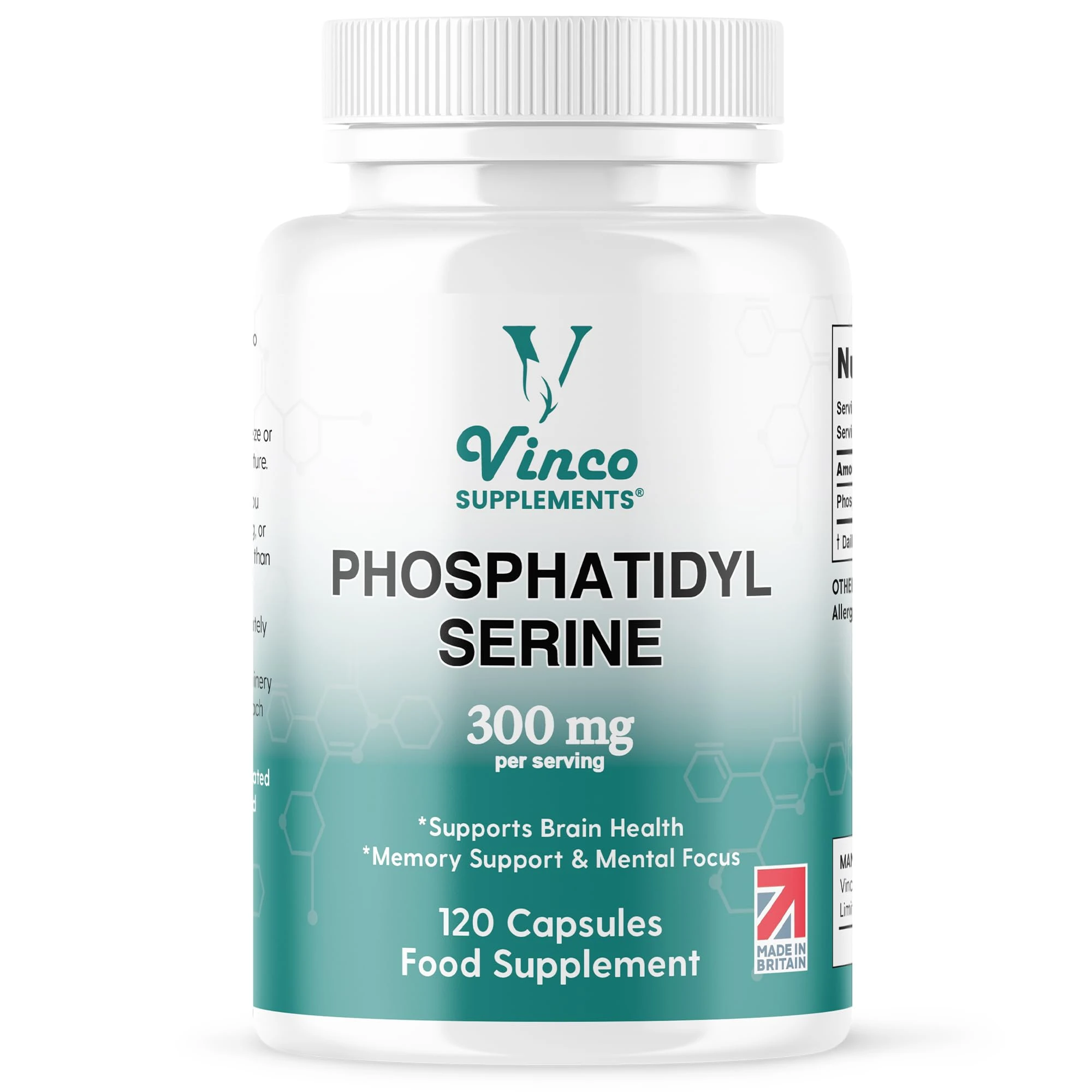 Vinco Phosphatidylserine Supplement - 120 High Strength Phosphatidylserine Capsules - 300mg Per Serving - Non GMO & Gluten Free
